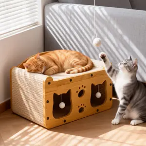 Two-In-One Cat Bed & Scratching Post Set, Wooden Cat Furniture, Durable Dual-Layer Bed, Indoor Pet Accessories, Comfortable Cat Toys