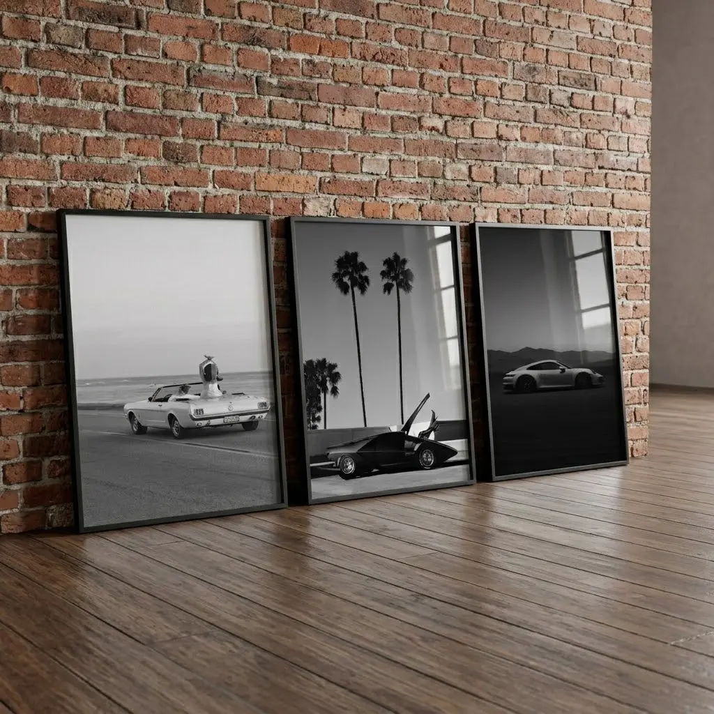 3-Piece Vintage Car Wall Art Set - Black and White 911 Print, Lancia Stratos Poster, No-Frame Printable Man Cave Home Decor