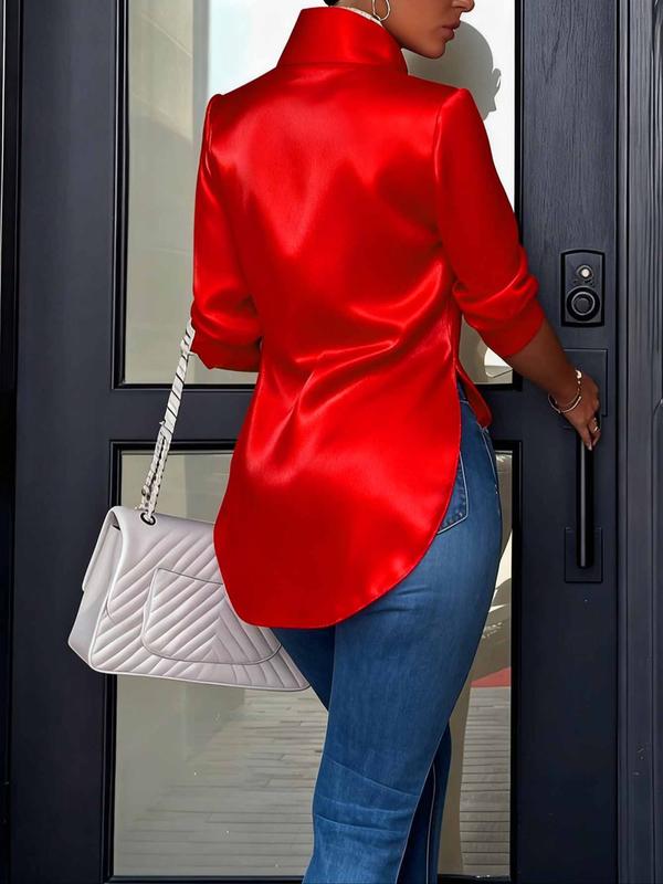 European and American style satin collared shirt for women, side slit, flowing drape, elegant long-sleeved top for commuting.