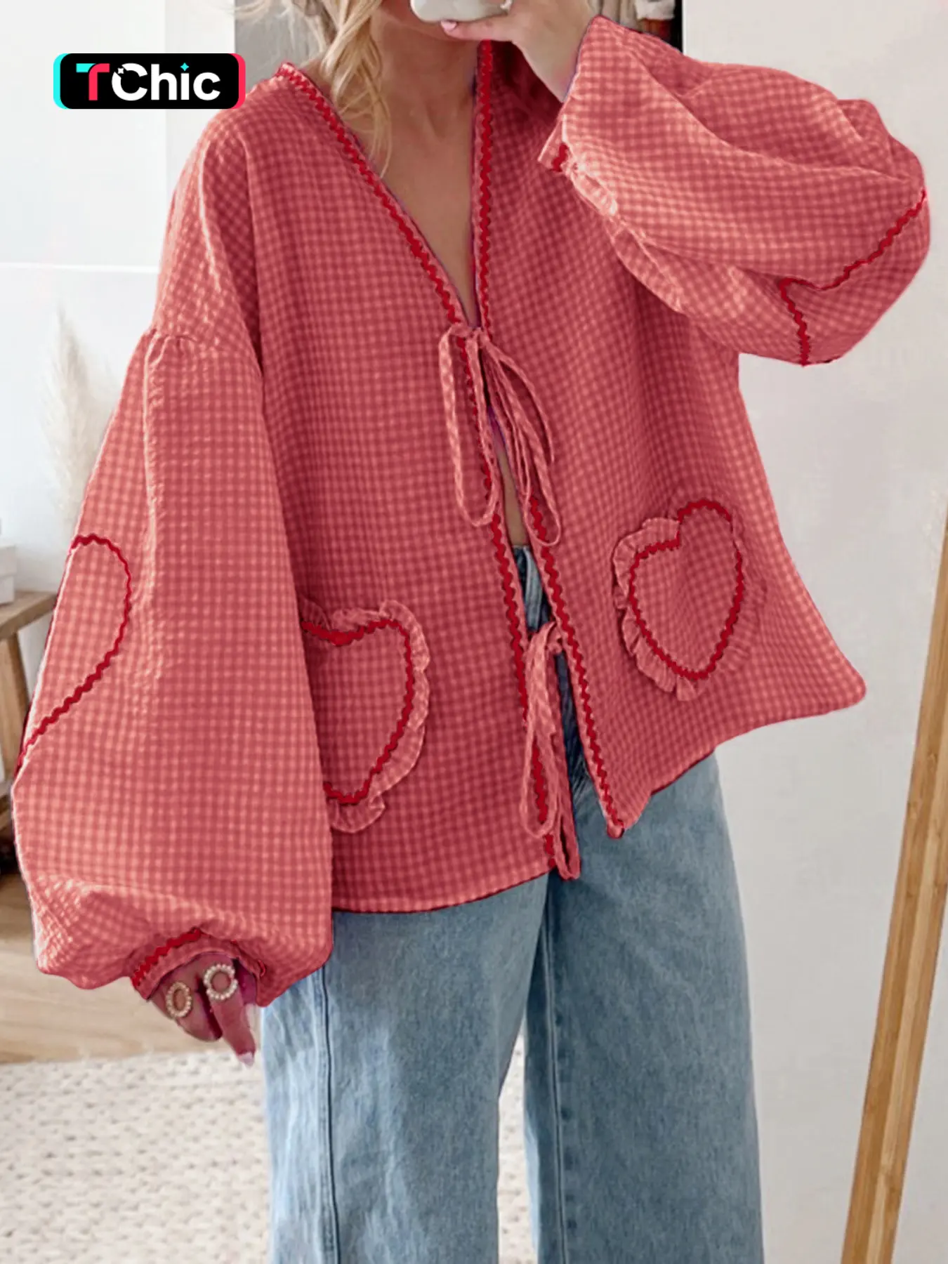 Modest Fashion Women's Plaid Print Heart Embroidery Tie Front Blouse, Casual Lantern Sleeve V Neck Top for Fall & Winter, Women's Clothing for Daily W
