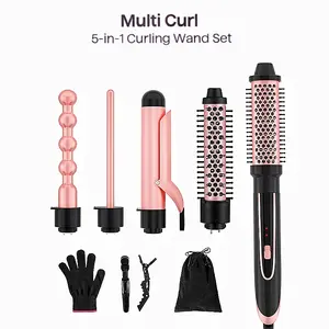 Heikki Vision 5 in 1 Curling Iron Set with 4 Interchangeable Ceramic Fast Heat, Wand Hair Crimper, Dual Voltage Hair Waver with Protective Glove & 2 Clips
