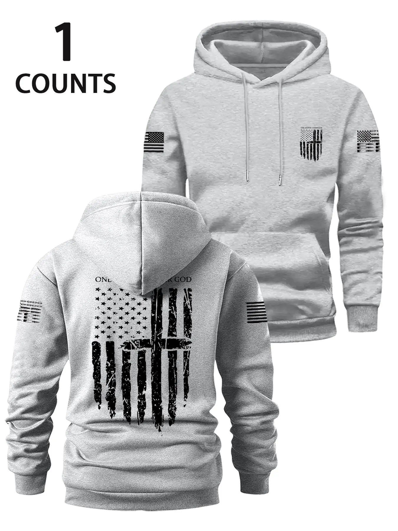 Men's Fall Winter Hooded Sweatshirt, Flag Print Design, Graphic Print Hoodie, Chest Pocket, Elastic Waistband, Long Sleeve, Casual Loose Fit, Outdoor Activities, Faith Inspired Hoodie, Athletic Streetwear