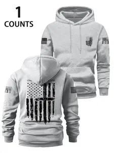 Men's Fall Winter Hooded Sweatshirt, Flag Print Design, Chest Pocket, Elastic Waistband, Long Sleeve, Casual Loose Fit, Outdoor Activities