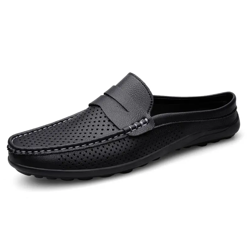 Men's Backless Vegan Leather Loafers - Breathable, Lightweight, Non-Slip, Wide Width, Cushioned, Round Toe Flat Mules Clogs Footwear for Summer Beach Vacation Travel - Unisex House Walking Shoes (Crocs Upper)