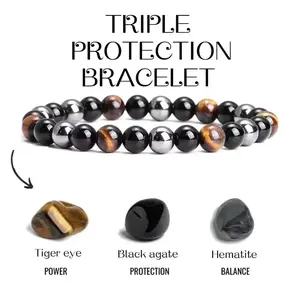 Men Natural Black Agate Hematite Tiger Eye Bead Bracelet