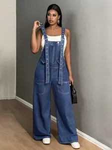 Women's Plain Bib Denim Overalls, Casual Minimalist Fashion Loose Overalls Jumpsuits for Daily Wear, Ladies Clothes for All Seasons, Baggy Womenswear