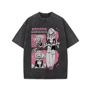 My Hero Academia Ochaco Uraraka Washed Vintage Graphic T-Shirt, Pink Manga Panel Anime Print, Unisex Oversized Cotton Short Sleeve, Retro Streetwear Tee for Men Women Teens, Harajuku Otaku Style