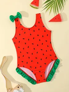 Girl's Watermelon Print Bow Decor One-piece Swimsuit, Cute Sleeveless Ruffle Trim Swimwear for Summer, Kids Swimsuit for Beach Holiday Vacation, Swimsuit Style