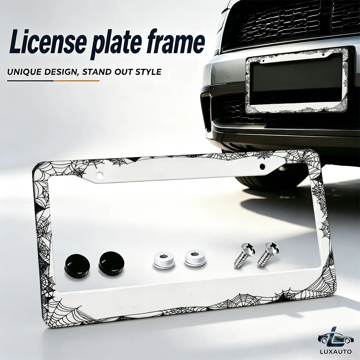 Gothic White & Black Spider Web License Plate Frame, Universal 12.2x6.3" Aluminum Car Tag Holder with Includes Screws & Caps, Unique Alternative Auto Exterior Accessory for Cars/SUVs, Plate Holder, Universal Size