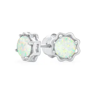 1.5 CT Solitaire Create White Opal Stud Earrings Flower Basket Setting Sterling Silver
