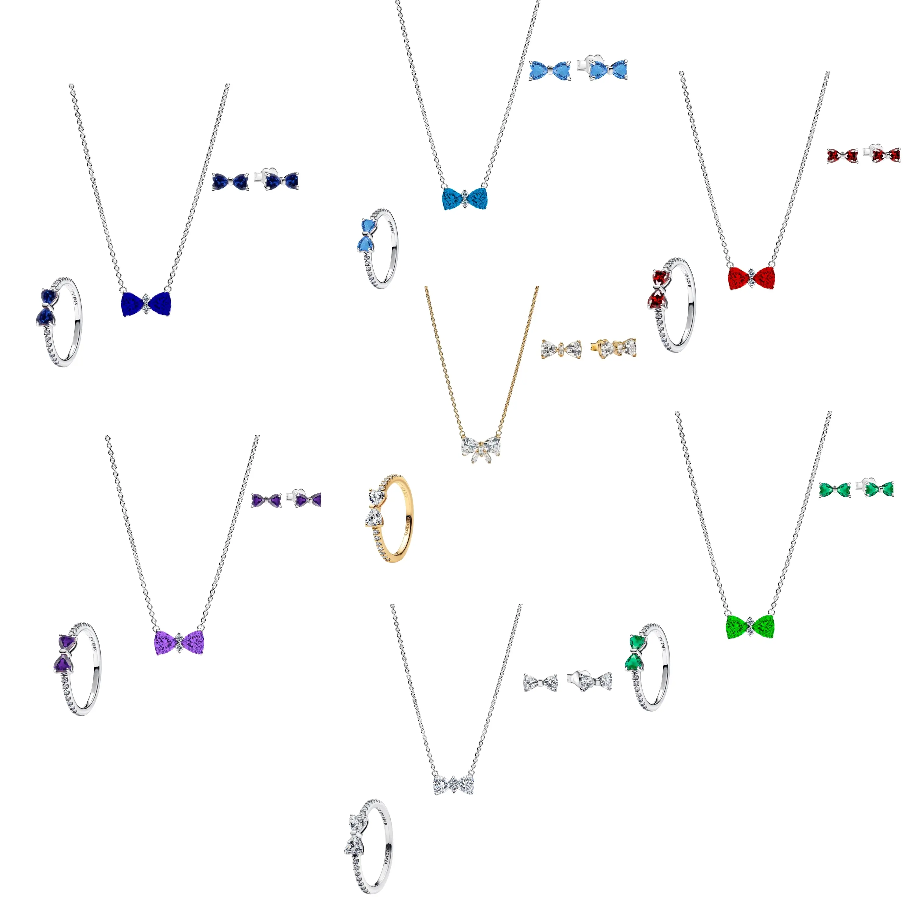 925 Sterling Silver Bow Jewelry Set – Necklace, Ring & Stud Earrings with Color Crystal Stones