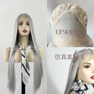 Cross-Border Silver Gray Wig Lace Front Hand Crochet 13*4 Middle Part Straight Full Wig Cosplay Wigs Export