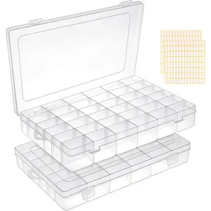 2 Pack 36 Grids Clear Plastic Organizer Box, Storage Container With Adjustable Divider, Craft and Bead Storage for DIY  Tackles With 2 Sheets Label Stickers