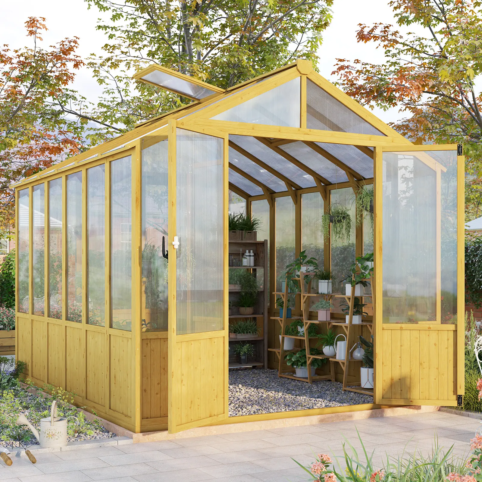 VanAcc Wooden Greenhouse with Lockable Door, Walk-in Cedar Structure, Adjustable Roof Vents, Polycarbonate Panels for Outdoor, Garden, Backyard