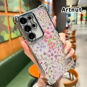 Protective Four Corners Plated Phone Case Compatible with Samsung Galaxy S23 Ultra S24 Plus S25 S22+ FE EdgeFloral Whimsy Dream Patterned Shockproof Transparent Soft Silicone Cover