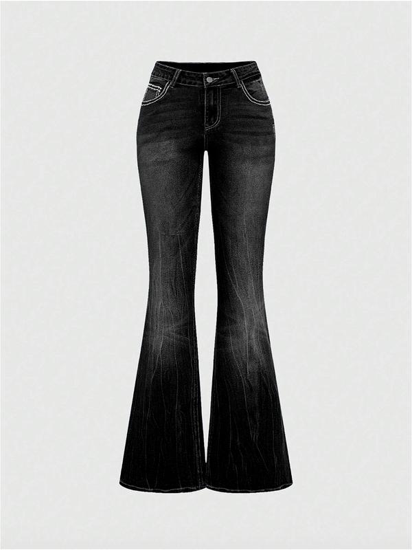 Grunge Punk Y2K Retro Poket Cross Wings Embroidered Flare Leg Fitted Stretch Jeans For Women,Bootcut Jeans