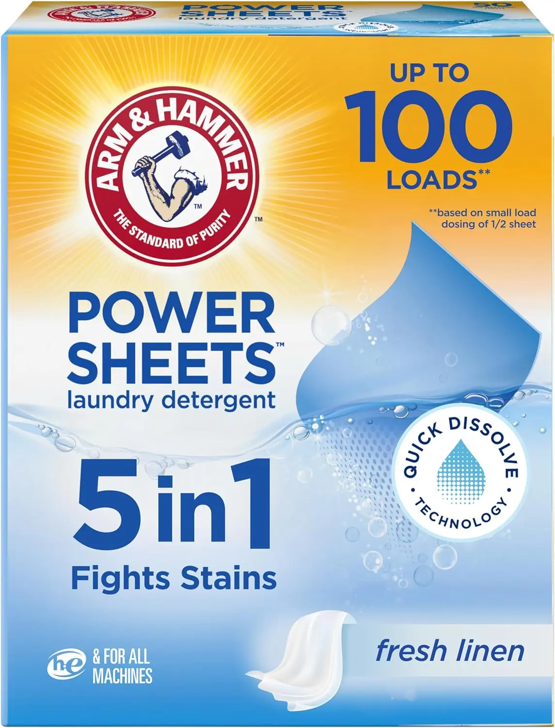 ARM & HAMMER 5-in-1 Power Sheets Laundry Detergent, Fresh Linen, 50 Count, up to 100 Small Loads
