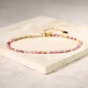 Handmade Dainty Watermelon Tourmaline 2mm Faceted Beaded Minimalist Healing Charka Chain Natural Crystal Bracelet