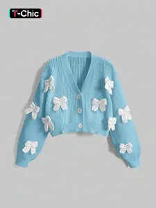 Women's Bow Decorate Sweater Cardigan, Cute Long Sleeve Button Front Knitwear for Spring & Fall, Fashion Women's Knit Clothing for Daily Wear, Knitting