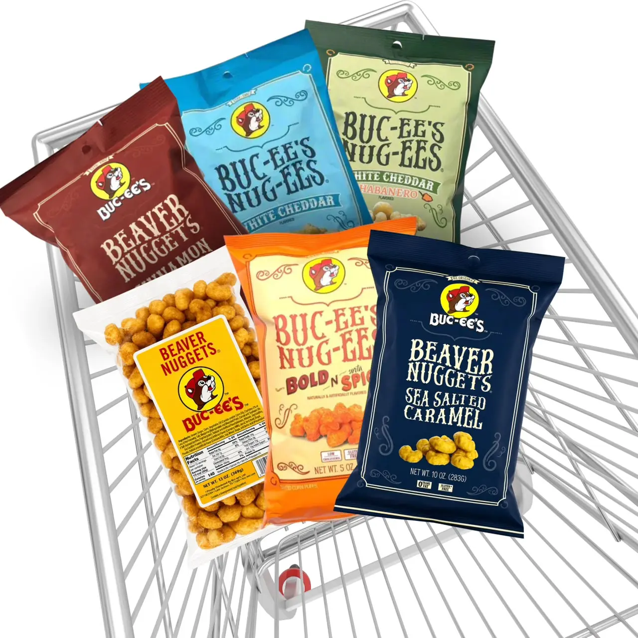 Buc-ee's Beaver Nugget Flavor Snack Bundle 6 Pack with Sweet & Spicy Flavors Including Sea Salted Caramel White Cheddar Habanero Cheese Gourmet Quality Snacks