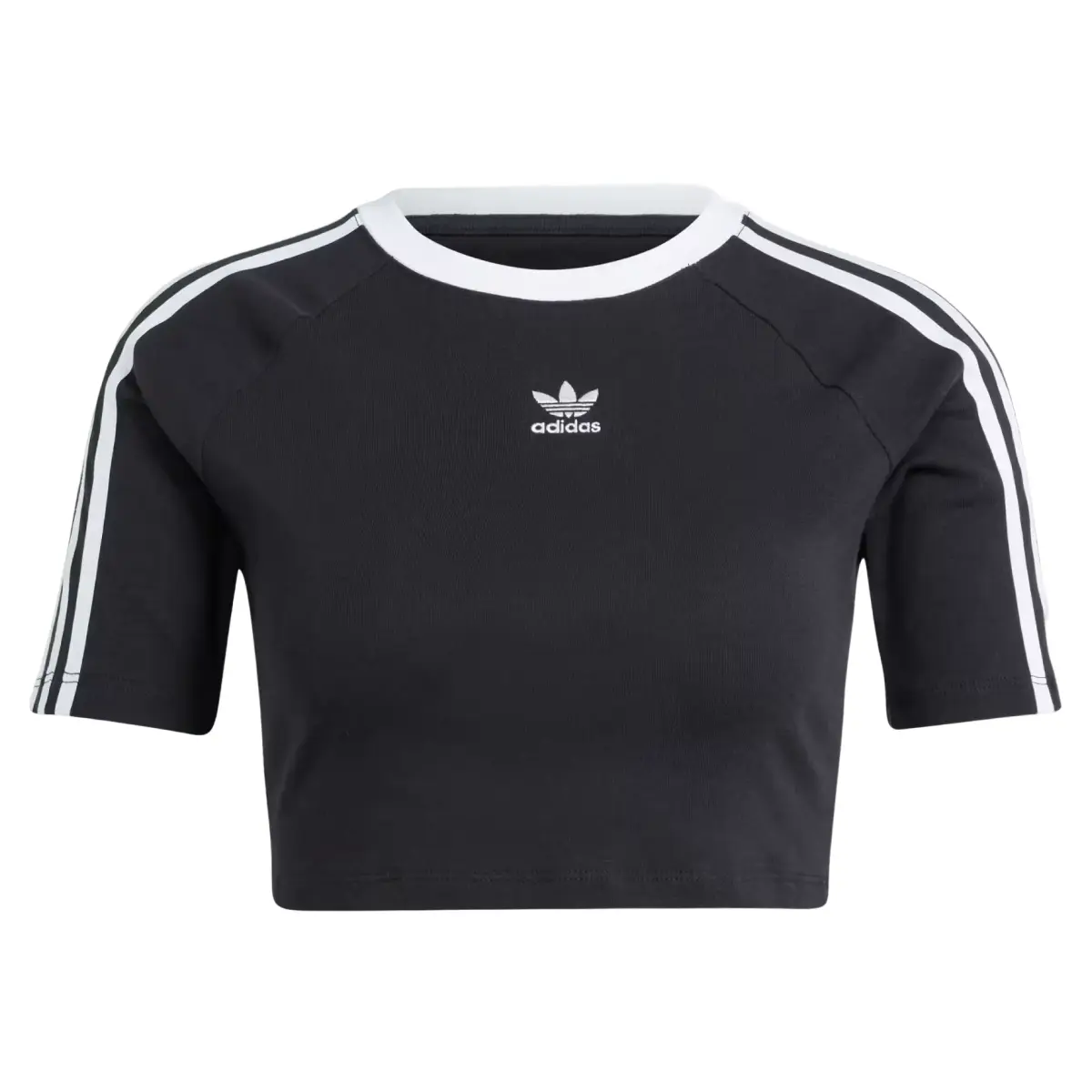 Adidas Women's Black 3-Stripes Baby Tee, an Essential Stretchy and Fitted Cropped Top with an Embroidered Logo for Casual Style, Joggers, Sleeves, Lady, Tshirt, Fabric, Crew Neck, Everyday Outings, Sporty Chic, Easy Tee For Errands And Coffee Runs, Stripe
