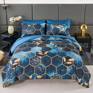 7-Blue Marble King Comforter, 3D Hexagon, Blue Foil for Seasons