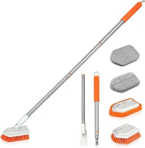 JEHONN 4-In-1 Tile Tub Scrubber with Long Handle, Upgraded Shower Cleaning Brush, 4 Different Function Scrub Brush Attachments Head for Bathroom, Bathtub, Floor, Wall, Baseboard