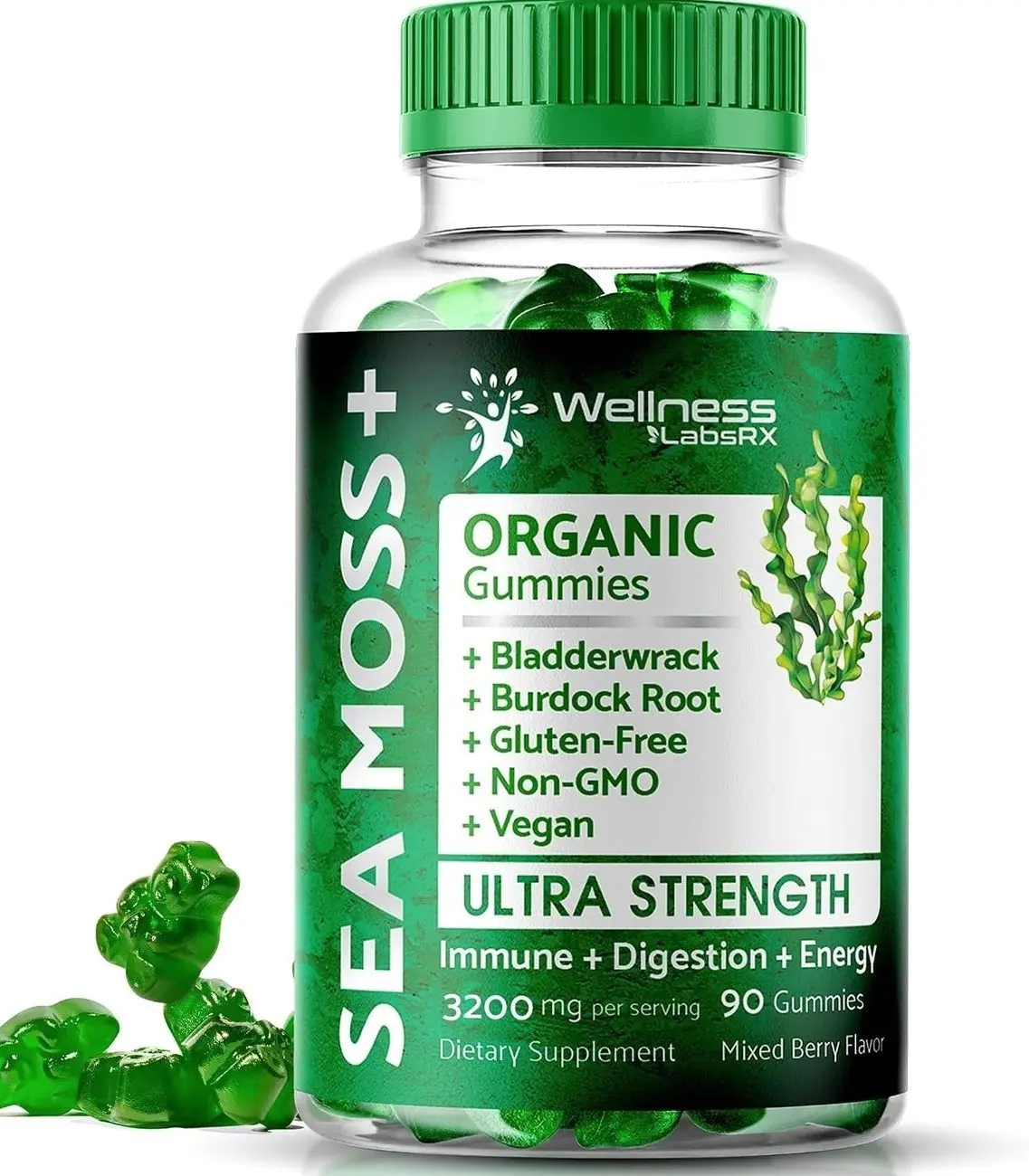 WELLNESS LABSRX Sea Moss Gummies, 3200mg Irish Sea Moss Mixed Berry Flavor with Maximum Potency Bladderwrack and Burdock Root - Supports Skin, Energy and Immunity - 90 Count