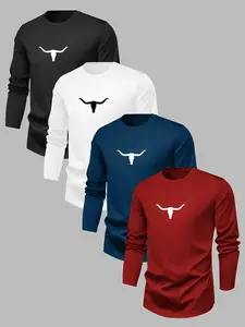 Men's Round Neck Long Sleeve T-Shirt Set, Casual Street Fashion Knit Polyester Top, Elastic Basic Fitted with Flag Print, Breathable Layered Tee