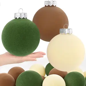 15 count(3.9 In/100 mm)  Christmas Ornaments Balls Set, Brown Green Neutral Christmas Tree Ornaments, Flocked Xmas Tree Balls for Xmas Holiday Party Decorations