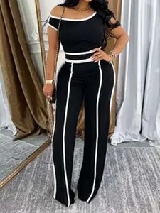 Women's Two-Piece Set Outfit, High-Waisted Long Pants & One-Shoulder Crop Top, Colorblock Design, Fashionable for Casual Wear, Womenswear