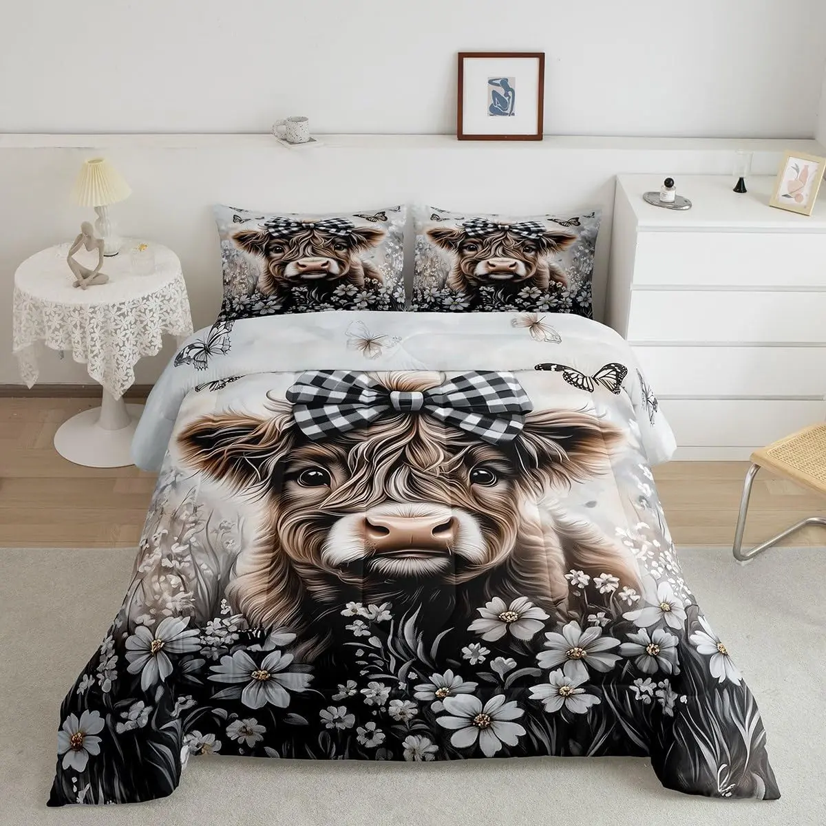 Highland Cow Bedding Set Kids Bow Floral Animal Cattle Comforter Set for Boys Girls Western Funny Cow Bed Set Soft Farmhouse Room Decor