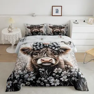 Highland Cow Bedding Set Kids Bow Floral Animal Cattle Comforter Set for Boys Girls Western Funny Cow Bed Set Soft Farmhouse Room Decor