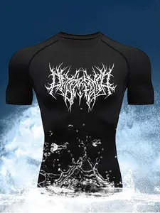 Men's Graphic Round Neck Raglan Sleeve Sports Tee, Regular Fit Quick Drying Breathable Compression T-shirt for Gym Workout Running, Casual Comfy Men's Sportswear for Summer Gym Tees, Athletic Compression Shirts