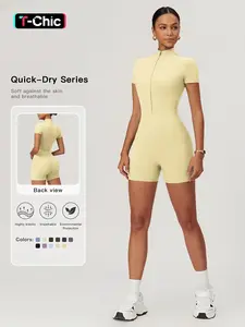 Sporty Women's Solid Color Zip Up Half Placket Mock Neck Sports Skinny Romper, Casual Quick Drying Short Sleeve Romper for Yoga Gym Workout Running, Sporty Comfy Romper