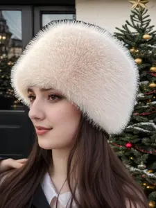 Women's Fall Winter Bucket Hat, Thick Faux Fox Fur Ear Protection Cap, Plain Style Warm Knit Beanie, Party & Daily Wear, Knitted Winter Hat