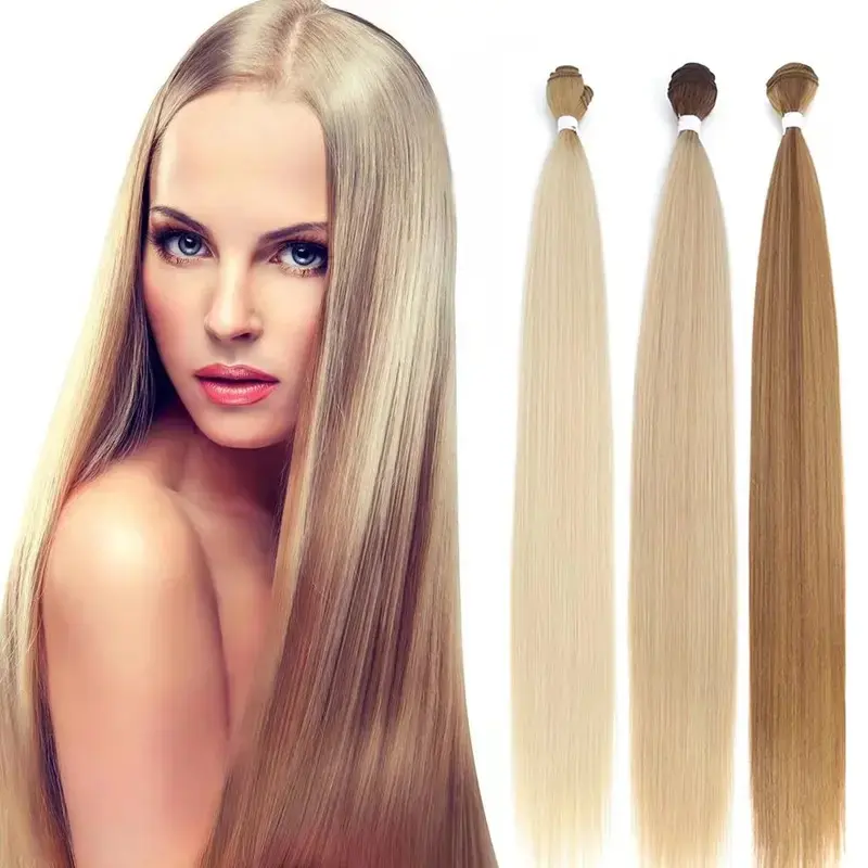 2026 New Piano Blonde Straight Hair Bundles Smooth Hair Extensions Fake Fibers Synthetic Yaki Straight Hair Weaving Full to End Free Ship