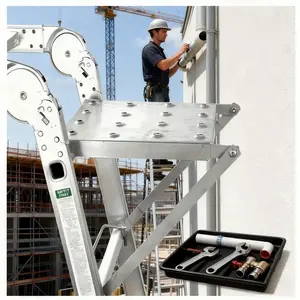 Heavy-Duty Ladder - Sturdy Structure & Durable Design, Adjustable Height with Anti-Slip Pedals, Anti-Tip Safety Feature, Tray Included, Silver, Construction, Renovation, Warehouse & Home High-Altitude Cleaning
