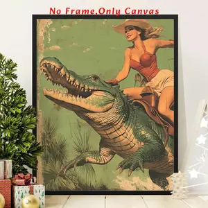 Vintage Design Cowgirl & Alligator Pattern Unframed Painting, Vintage Prints, Retro Western Wall Art, Wall Decor for Home Living Room Bedroom Study Room, Ornaments, Wall Decoration