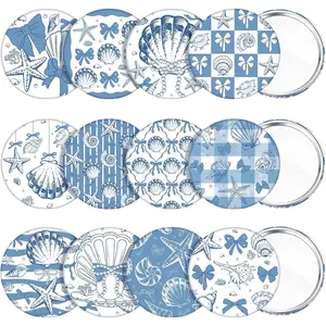 24 Pcs Seashell Blue Bow Party Favors Mini Beach Compact Mirror Bulk 2.7'' Ocean Themed Party Gift Mini Round Makeup Mirror for Purse Pocket Travel for Woman Girl Wedding Birthday Gifts