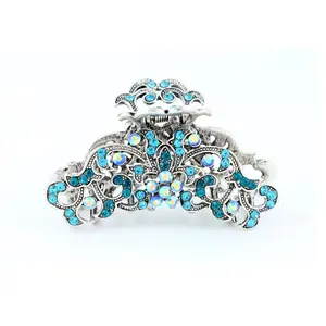 Antique silver metallic hair claw clip with colored rhinestones - Ocean Blue