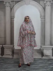 Two-piece Set Women's Ditsy Floral Print Contrast Lace Long Sleeve Abaya Top & Bottom Set, Modest Casual Batwing Sleeve Maxi Hijab Muslim Clothing for Daily Wear