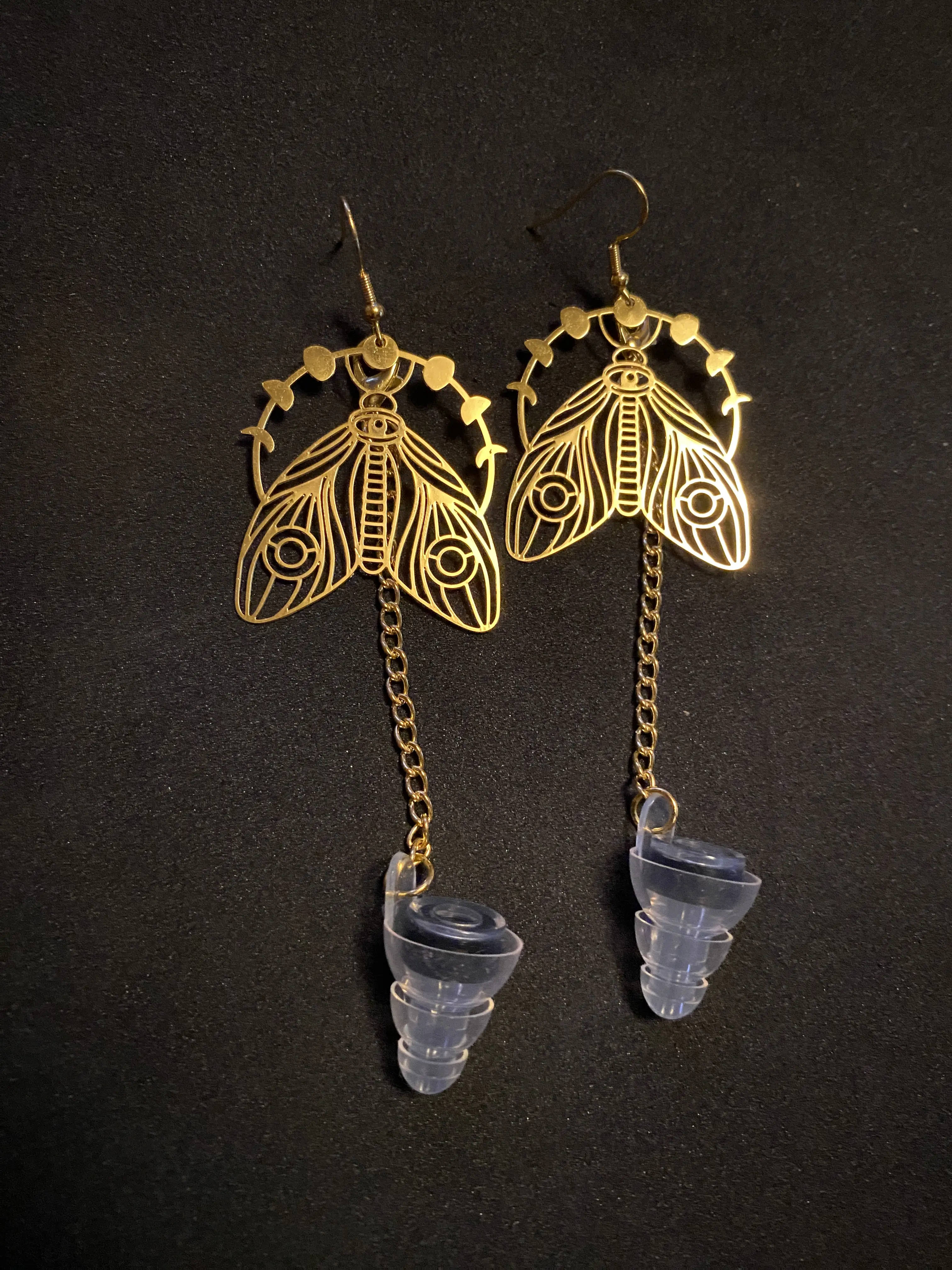 Golden Moth Earrings with Earplugs! For Festivals and Concerts!