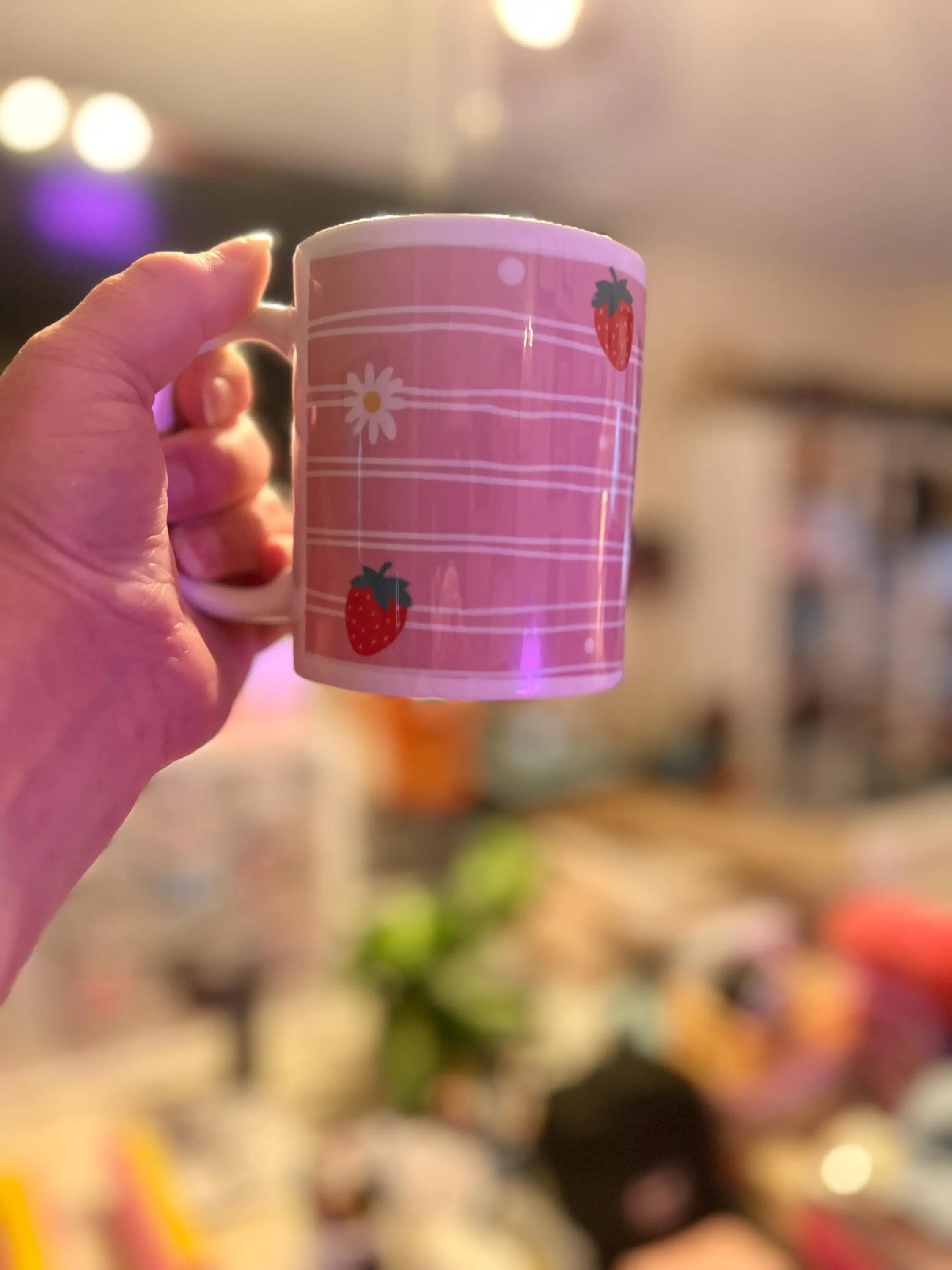 Strawberry Fields Mug – 11 oz Ceramic Mug with Hand-Drawn Pink Plaid, Strawberries & Daisies