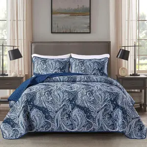 DJY Navy Paisley Set King Boho Bedspread Coverlet Set 3 Pieces, Soft Lightweight Microfiber Navy Blue Paisley Floral Pattern Bedding for All Season, 110"x90"