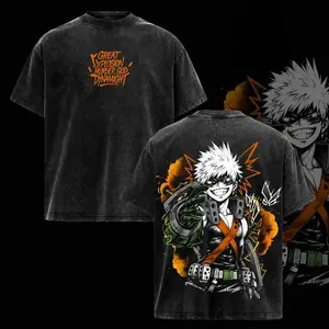 Men's Oversized T-Shirt - My Hero Academia Season 8 Katsuki Bakugo Explosive Graphic Tee, Vintage Washed Soft Cotton Streetwear, Unisex Casual Figure Apparel, Gift for MHA Fans, Distressed Festive Short-Sleeve