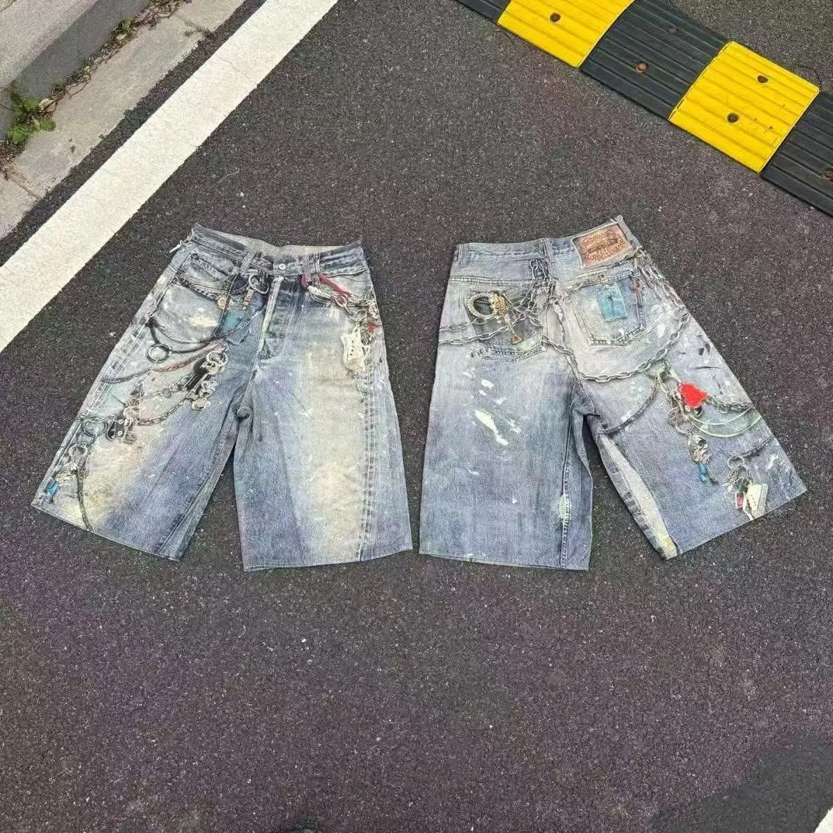 Unisex Vintage Washed Paint Splatter Denim Jorts 3D Optical Illusion Chain Key Print Loose Wide Leg Bermuda Shorts Y2K Grunge Streetwear Hip Hop Casual Denim Shorts for Men Women