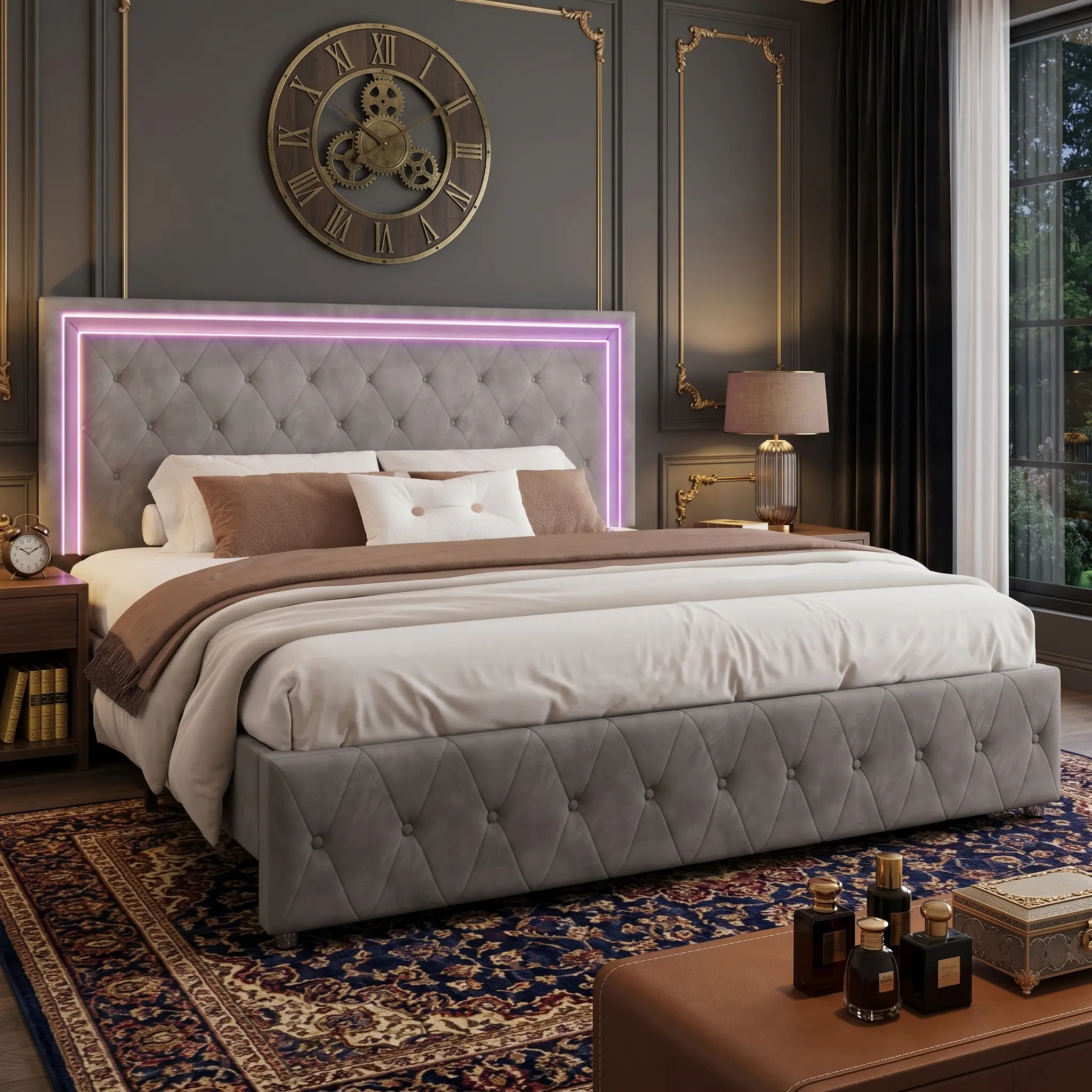 Upholstered Platform Bed Frame with LED Lights & Button Tufted Adjustable Headboard, Twin/Full/Queen Sizes, No Box Spring Required, Bedroom Decor, Queen Bed Frame, Upholstered Bed Frames