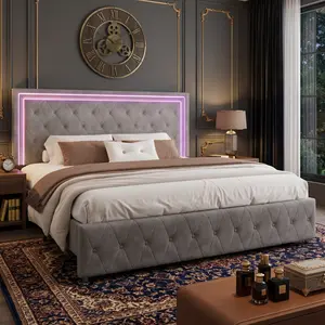 Upholstered Platform Bed Frame with LED Lights & Button Tufted Adjustable Headboard, Twin/Full/Queen Sizes, No Box Spring Required, Bedroom Decor