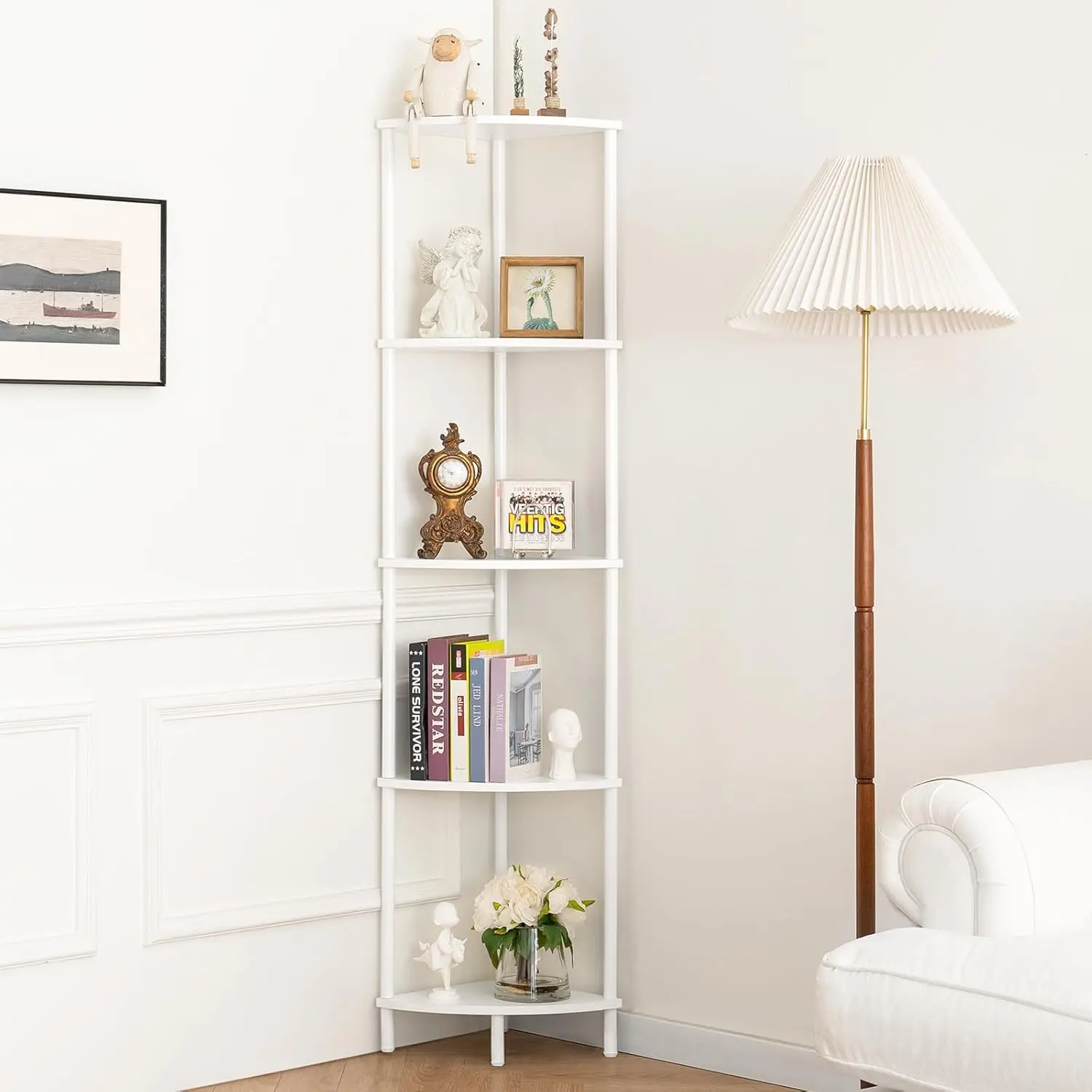 Corner Shelf Stand, 5-Tier Bookshelf, 65" Tall Shelves for Bedroom, Living Room, Narrow Display Shelf Bookcase, White Book Shelf with Display Shelves for Office